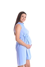 Beautiful pregnant young woman on white background