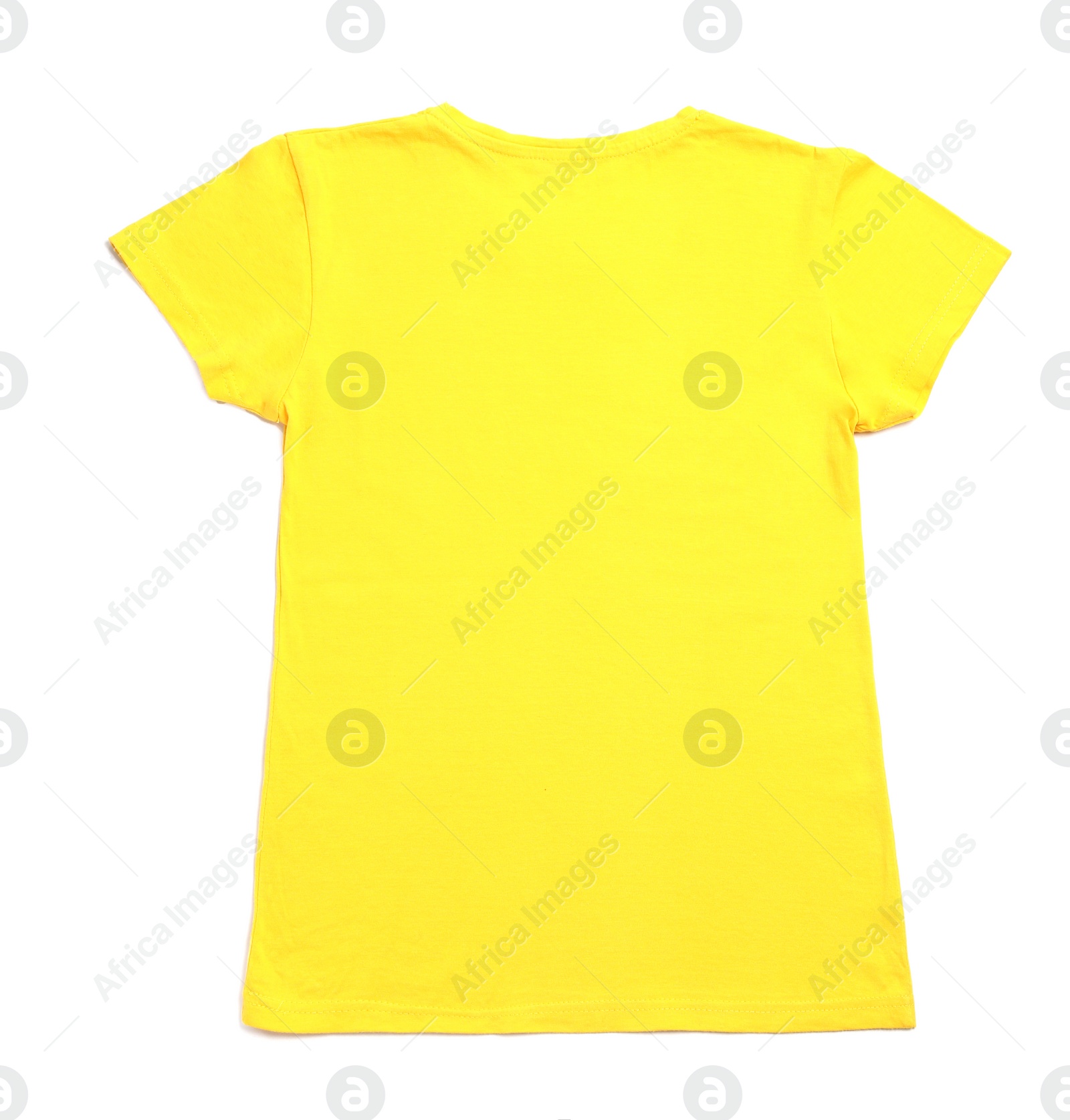 Photo of Stylish yellow female T-shirt isolated on white, top view