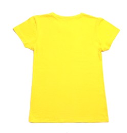 Stylish yellow female T-shirt isolated on white, top view