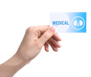 Photo of Woman holding medical business card isolated on white, closeup. Nephrology service