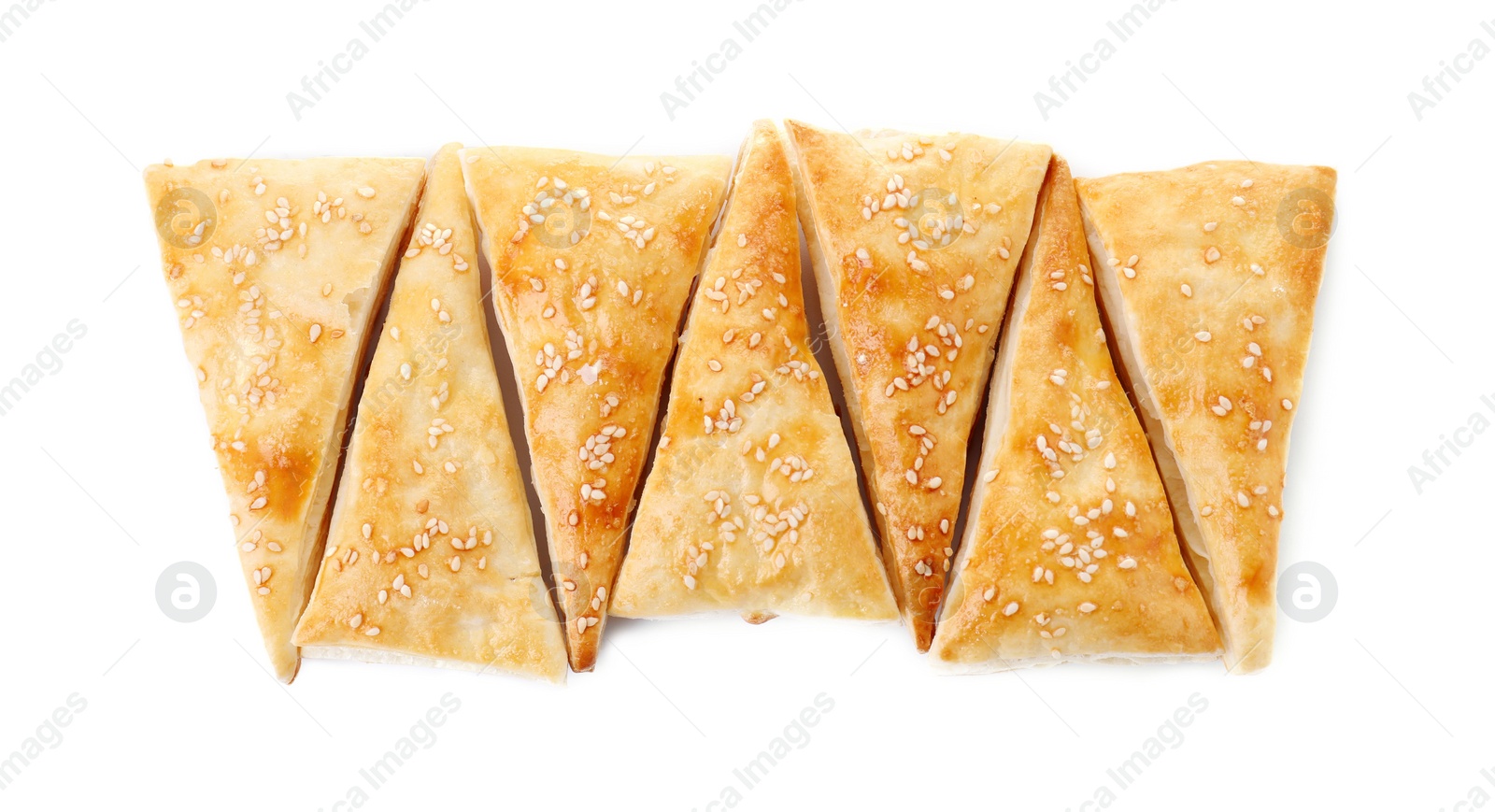 Photo of Delicious fresh puff pastries isolated on white, top view