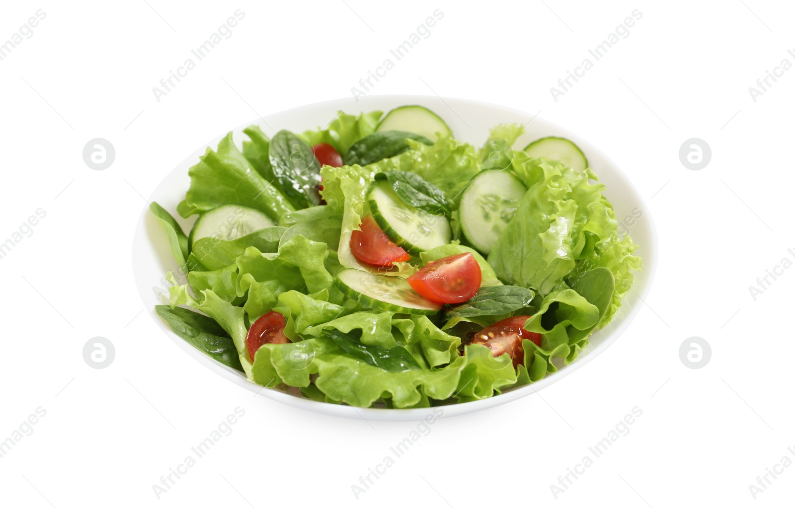 Photo of Delicious salad in bowl isolated on white