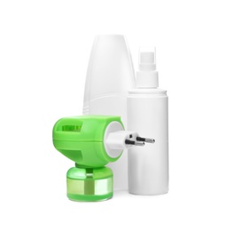 Photo of Set of different insect repellents on white background