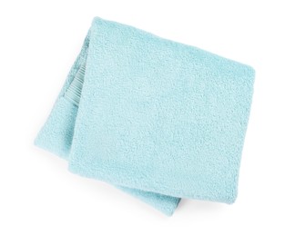 Light blue soft terry towel isolated on white, top view