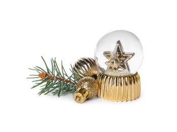 Photo of Beautiful snow globe, Christmas balls and fir branch on white background