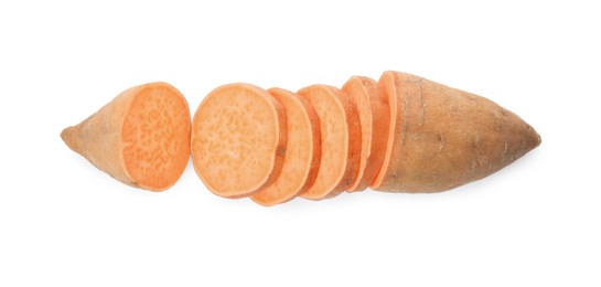 Photo of Cut ripe sweet potato on white background, top view
