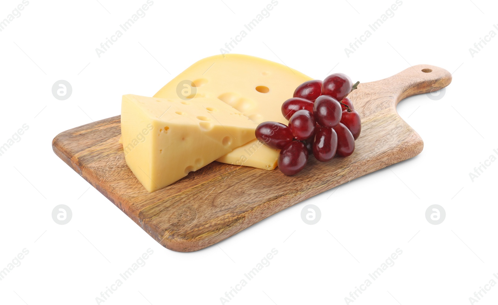 Photo of Pieces of delicious cheese and grapes isolated on white