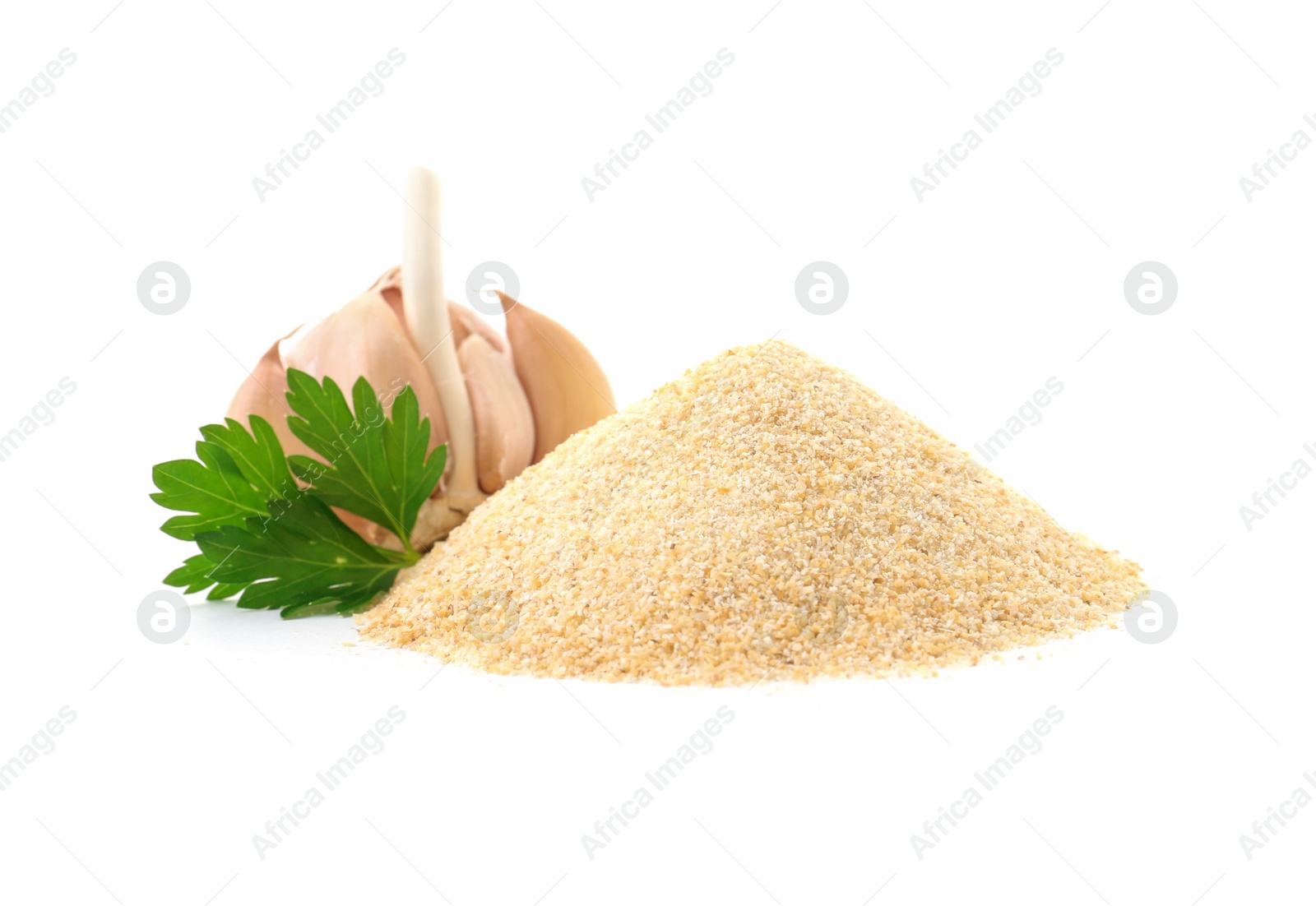 Photo of Pile of dry garlic powder and parsley on white background