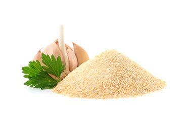 Photo of Pile of dry garlic powder and parsley on white background