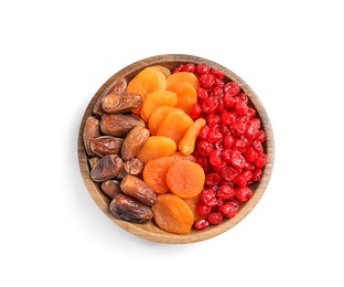 Plate with different dried fruits on white  background, top view. Healthy lifestyle