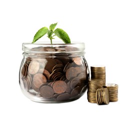 Photo of Jar, coins and green plant on white background. Investment concept