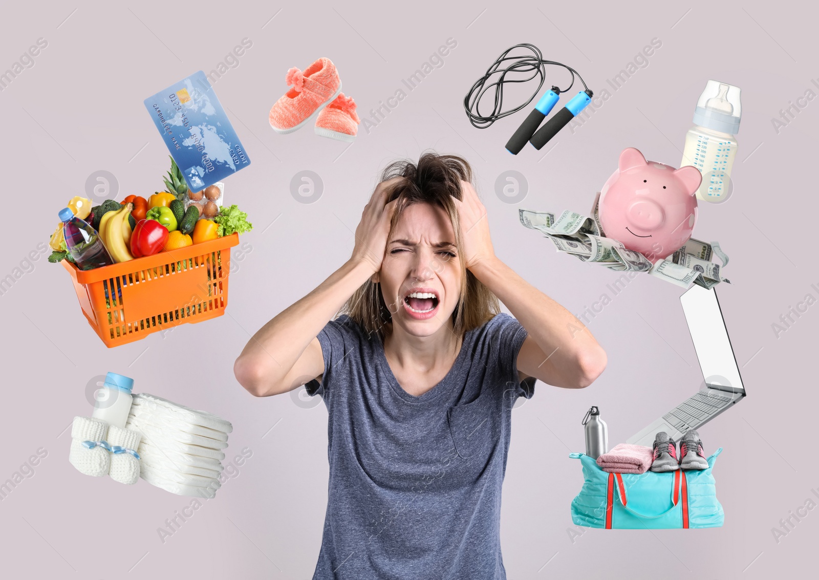 Image of Overwhelmed woman and different objects around her on light grey background
