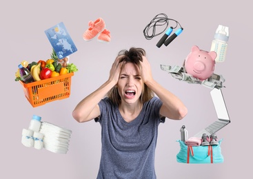 Image of Overwhelmed woman and different objects around her on light grey background