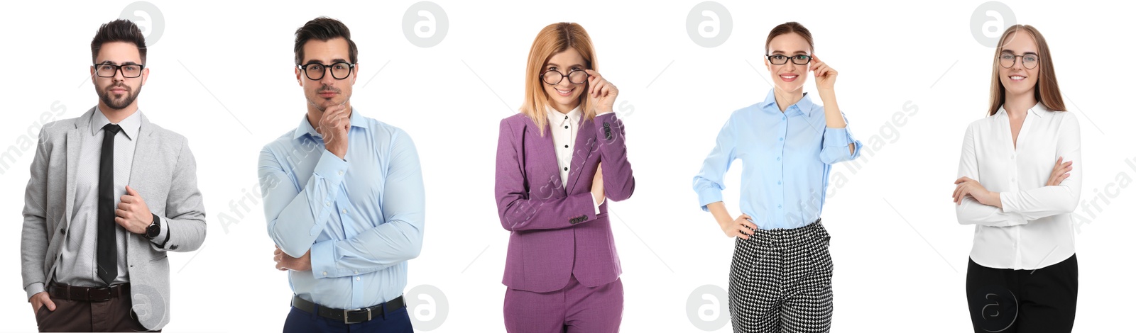 Image of Many people in glasses on white background, collection of photos