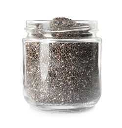 Photo of Glass jar with chia seeds isolated on white