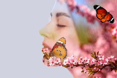 Image of Double exposure of beautiful woman, blooming flowers and butterflies on light background