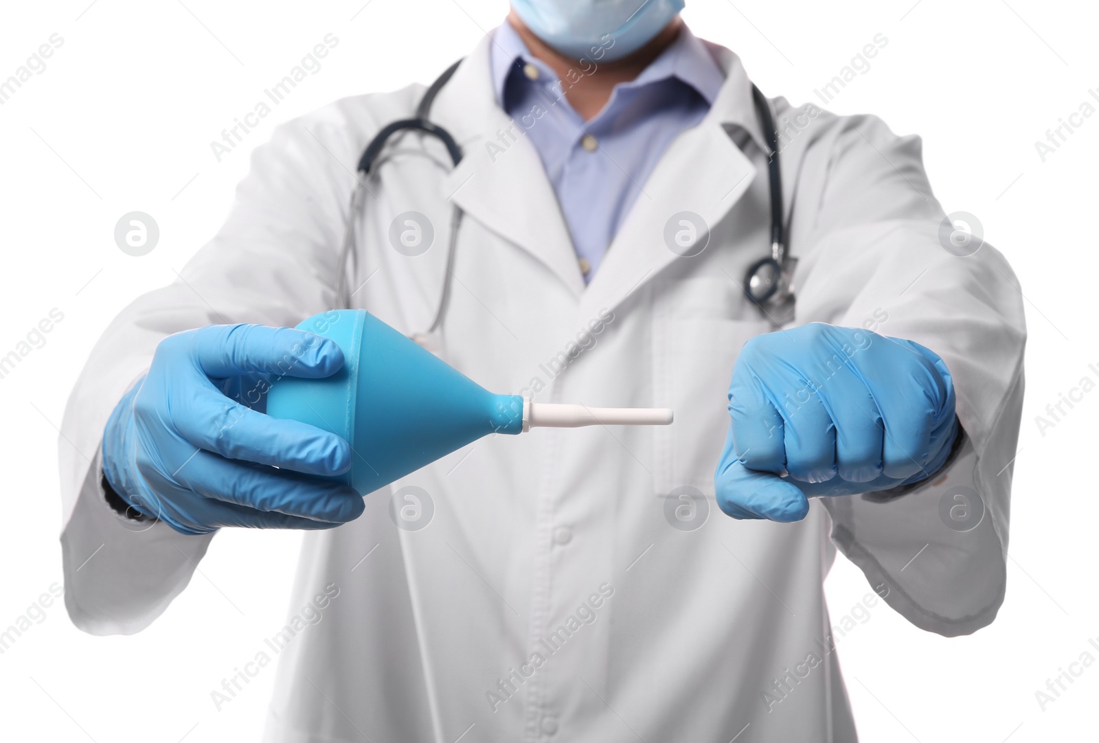 Photo of Doctor demonstrating how to use enema on white background, closeup