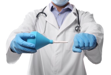 Photo of Doctor demonstrating how to use enema on white background, closeup