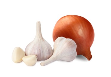 Fresh onion, garlic bulbs and cloves on white background