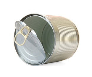 Photo of Open tin can isolated on white, mockup for design