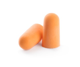 Photo of Pair of orange ear plugs isolated on white