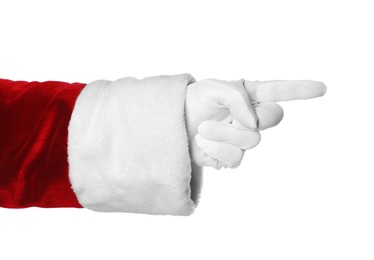 Photo of Merry Christmas. Santa Claus pointing at something on white background, closeup