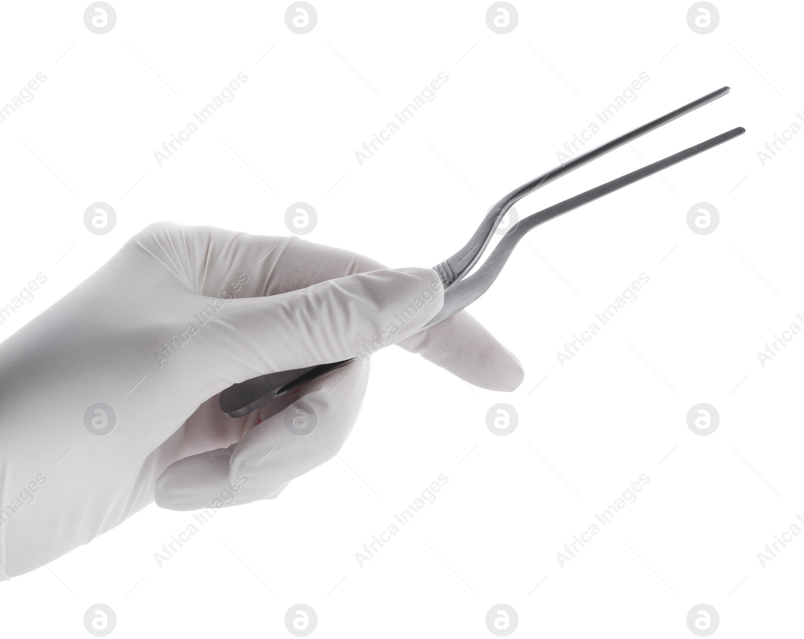 Photo of Doctor holding surgical forceps on white background, closeup. Medical instrument