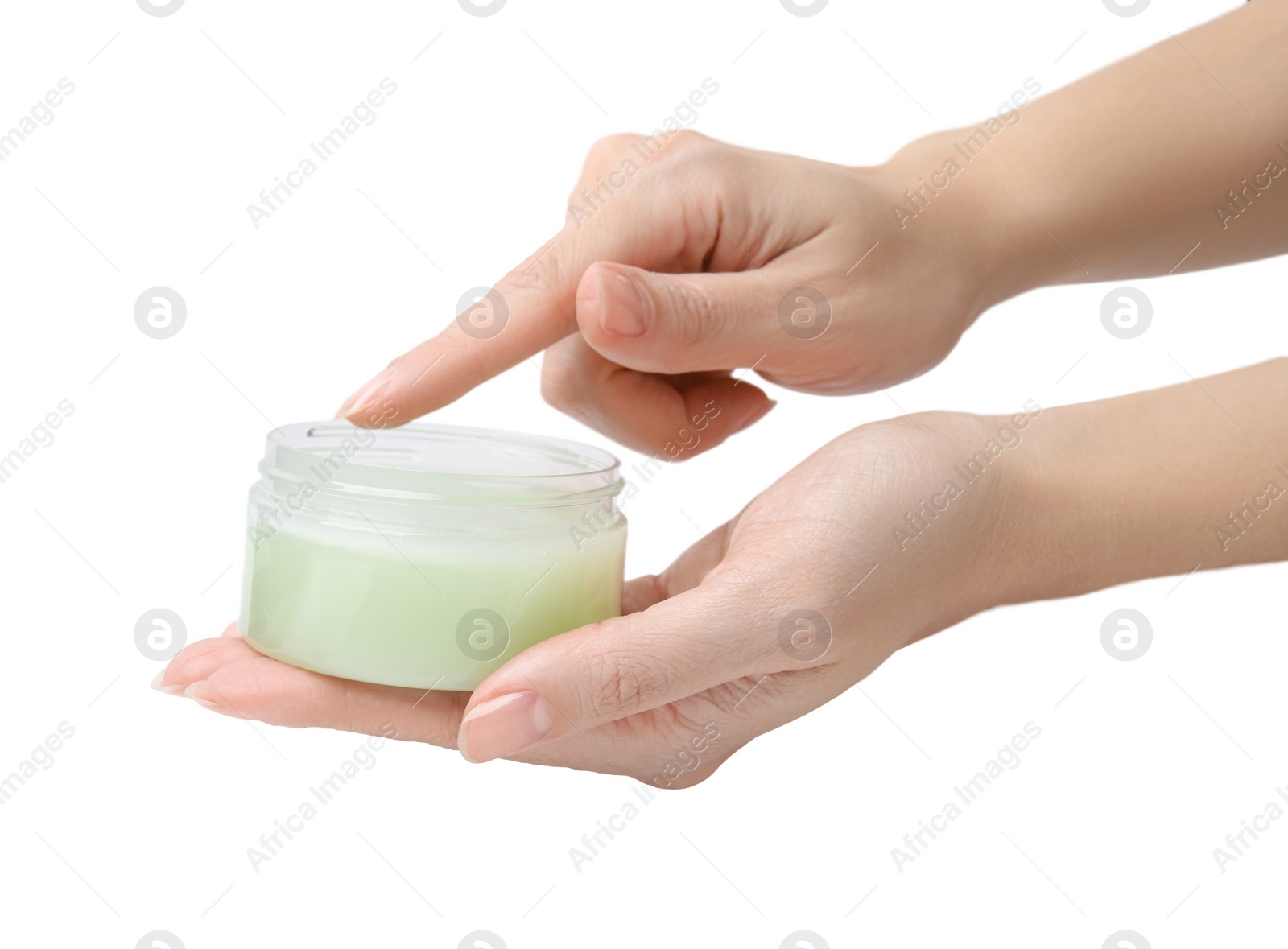 Photo of Woman applying petroleum jelly on white background, closeup