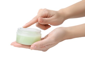 Photo of Woman applying petroleum jelly on white background, closeup