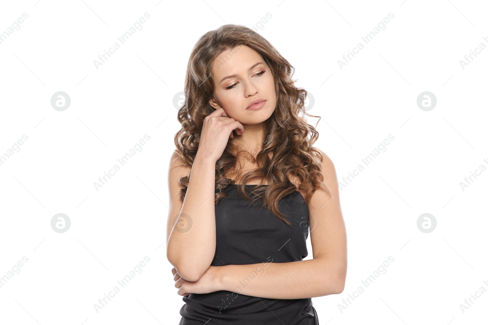 Photo of Portrait of beautiful young woman with shiny wavy hair on white background