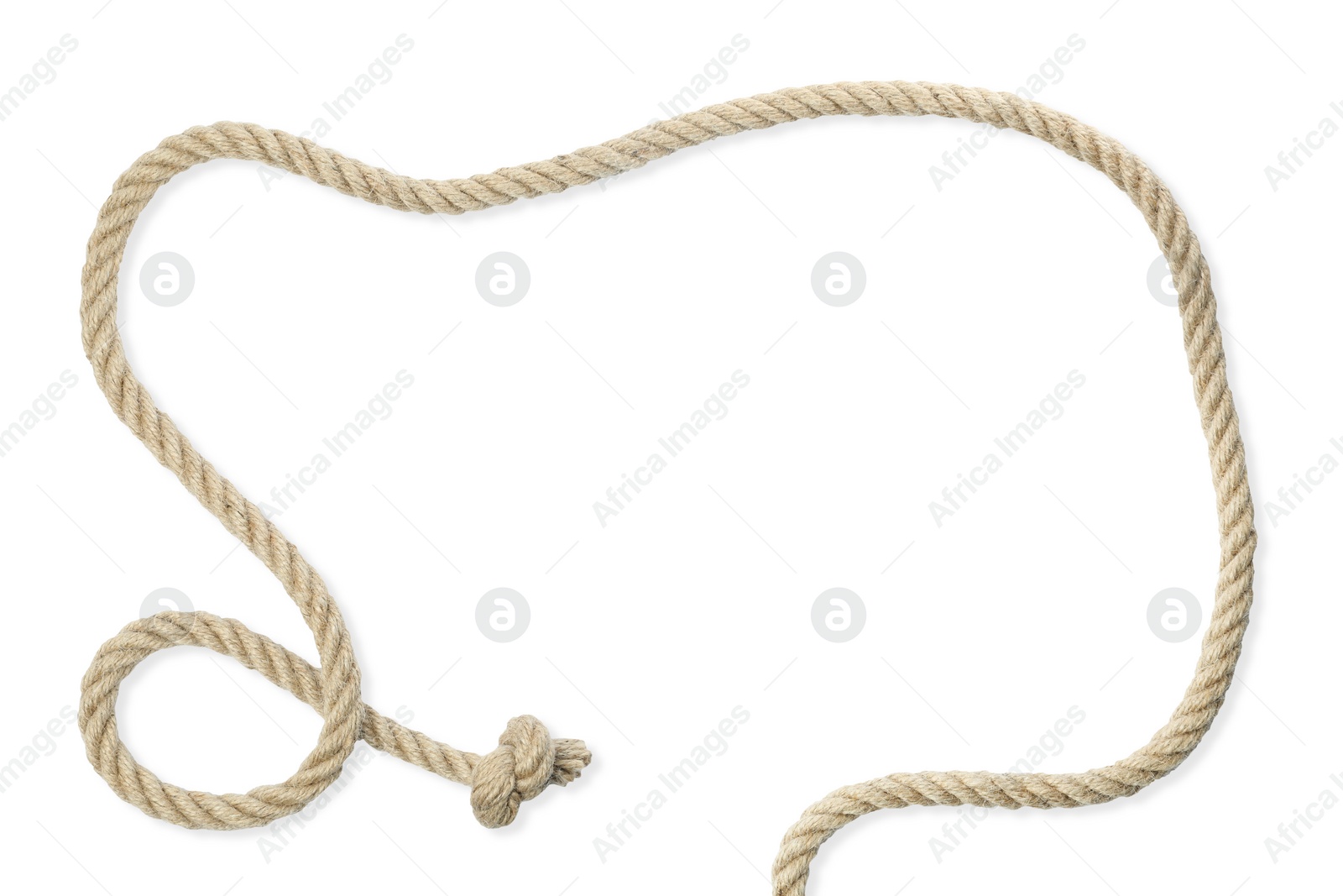 Photo of Hemp rope with knot isolated on white, top view