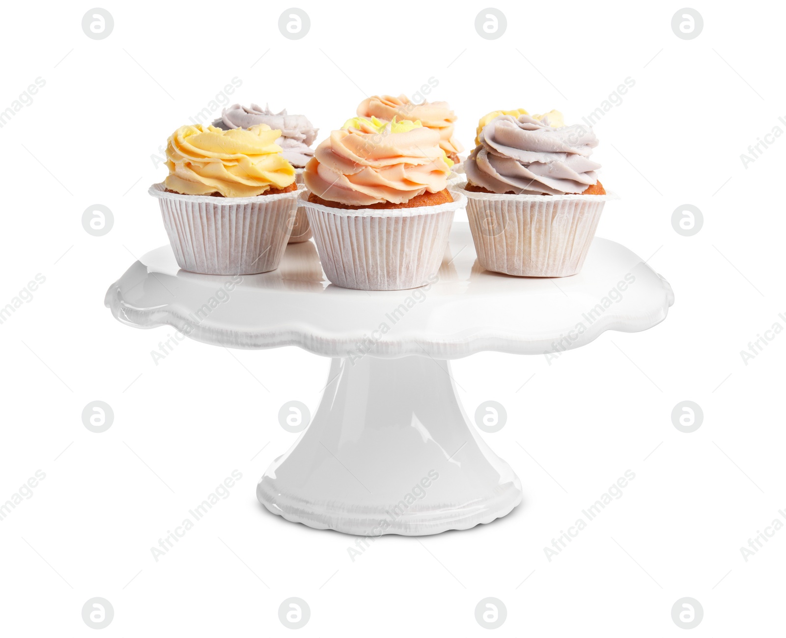 Photo of Stand with tasty cupcakes on white background