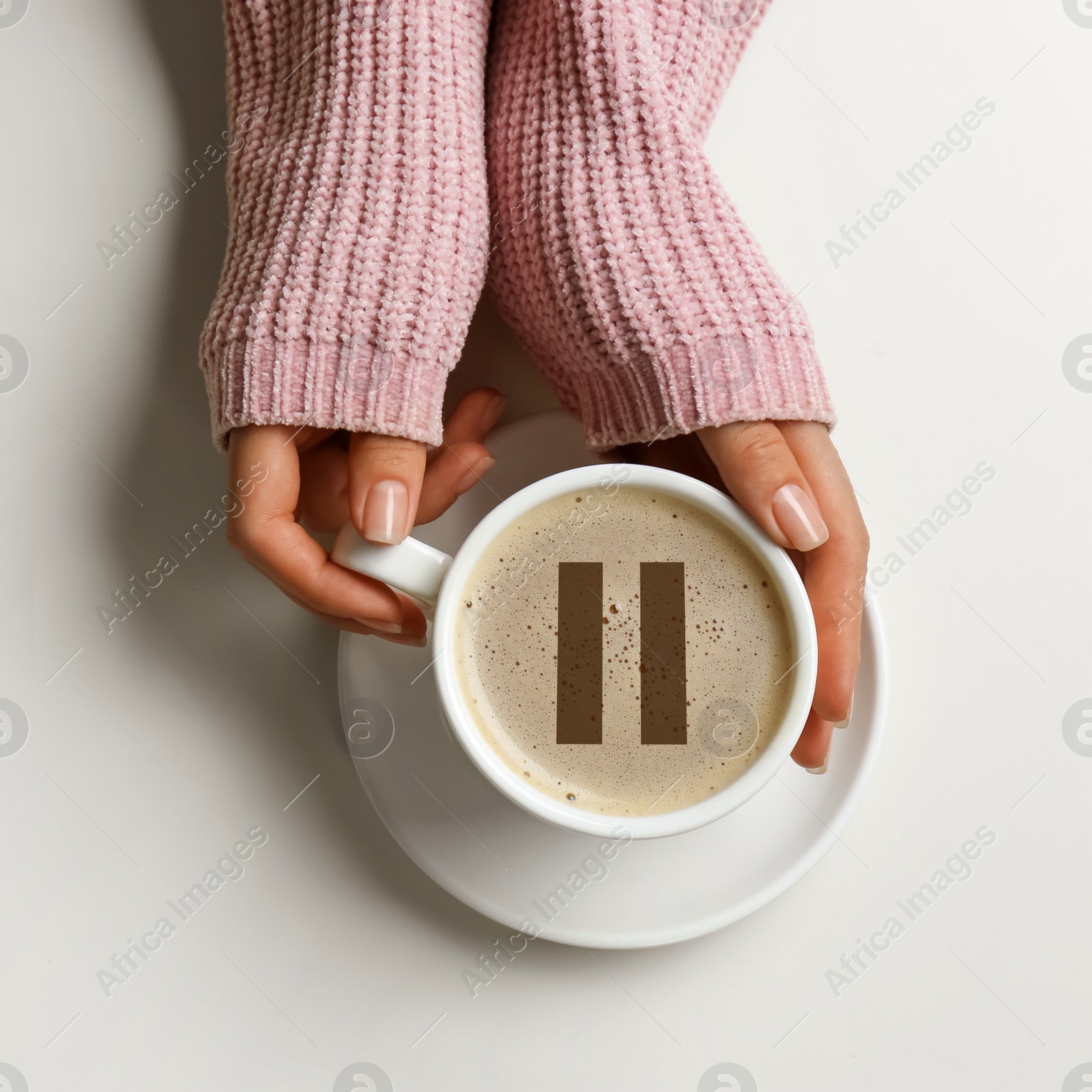 Image of Coffee Break. Woman with cup of americano on white background, top view