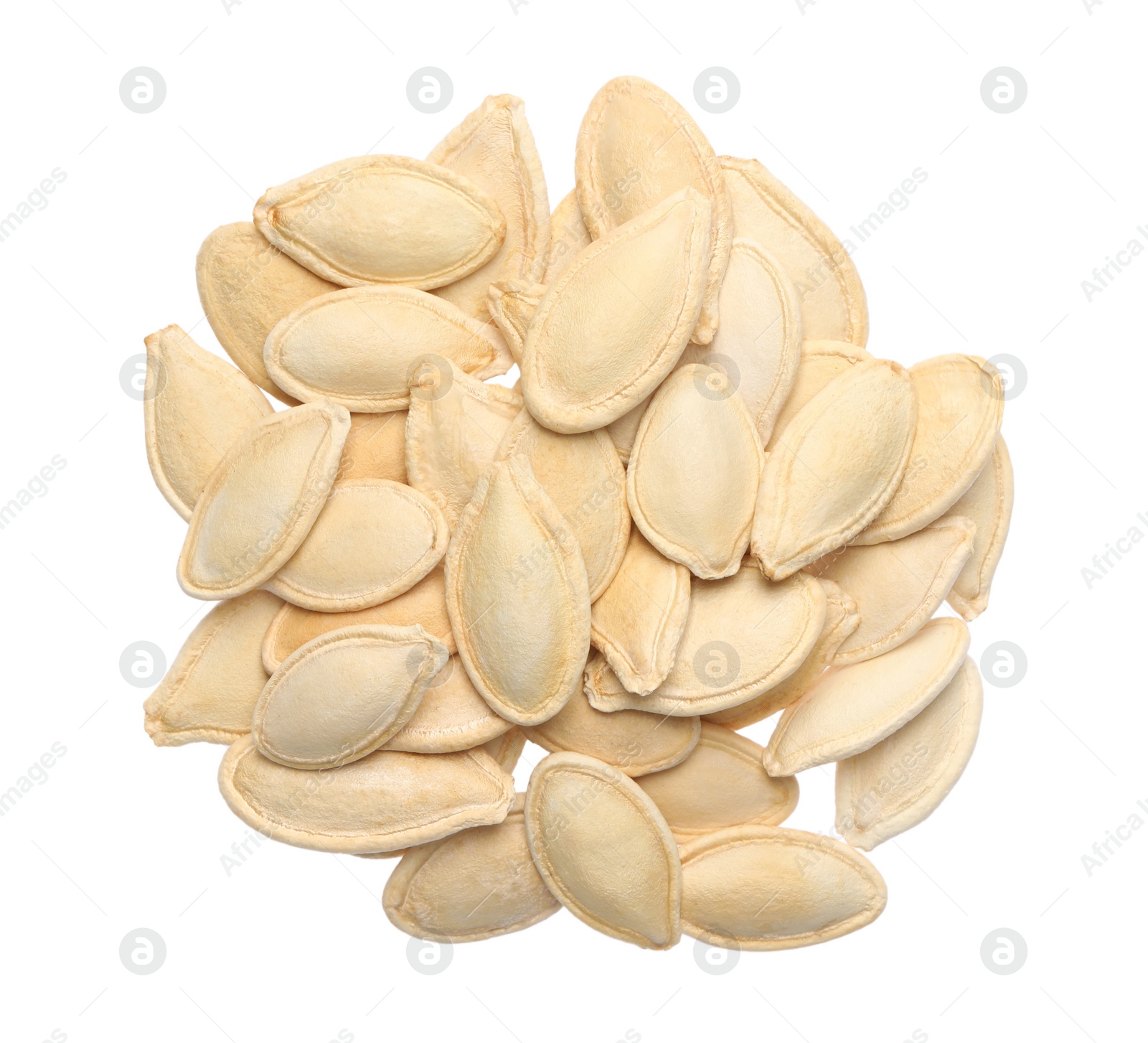 Photo of Heap of pumpkin seeds isolated on white, top view