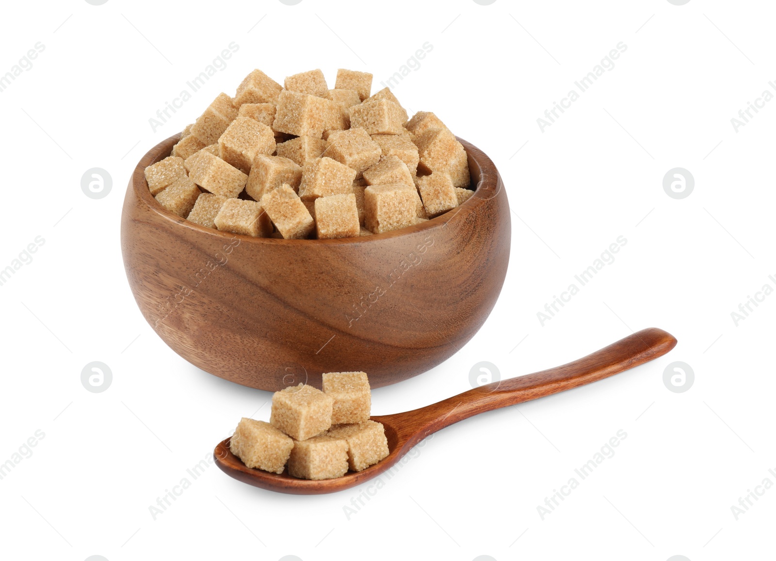 Photo of Wooden bowl and spoon with brown sugar cubes on white background