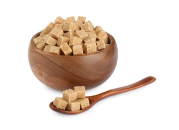 Photo of Wooden bowl and spoon with brown sugar cubes on white background