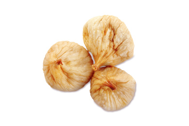 Pile of tasty dried figs isolated on white, top view