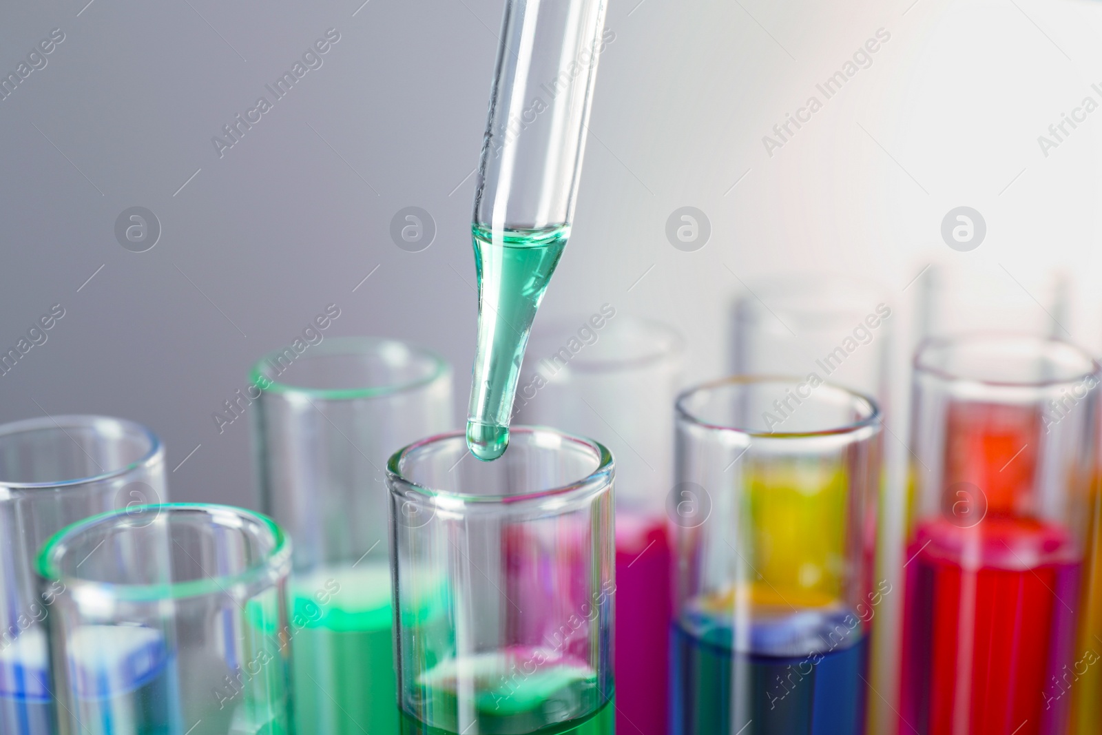 Photo of Dripping liquid from pipette into test tube on grey background, closeup