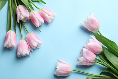 Photo of Beautiful composition with tulips for Mother's Day on color background