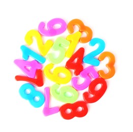 Colorful numbers on white background, top view