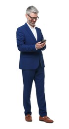 Photo of Mature businessman in stylish clothes using smartphone on white background