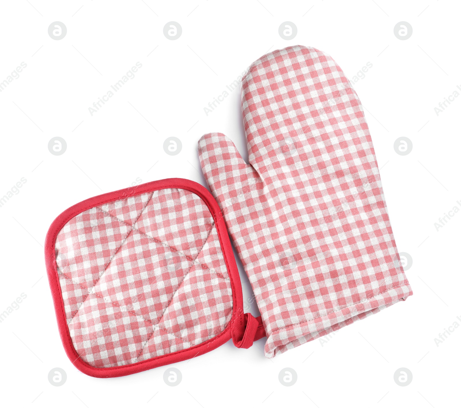 Photo of Oven glove and potholder for hot dishes on white background, top view
