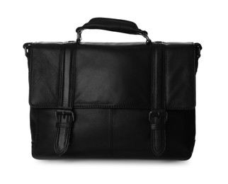 Stylish black leather briefcase isolated on white