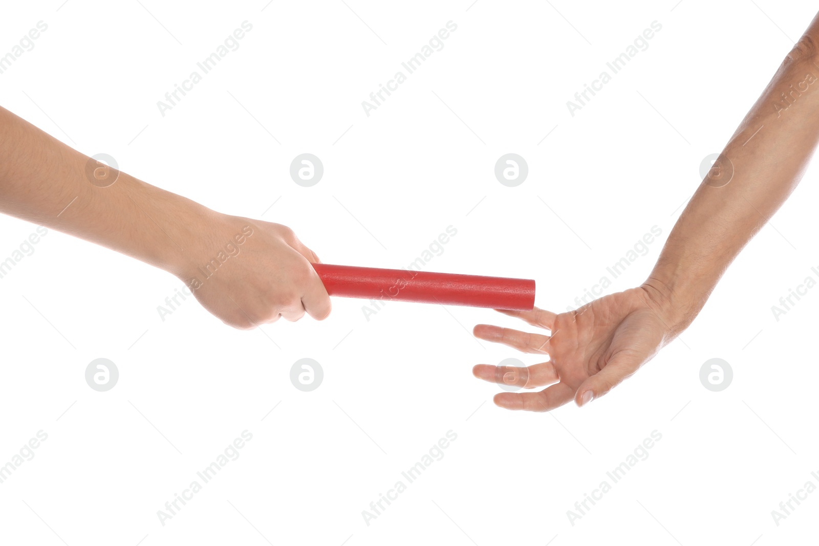 Photo of Man passing relay baton to teammate isolated on white, closeup