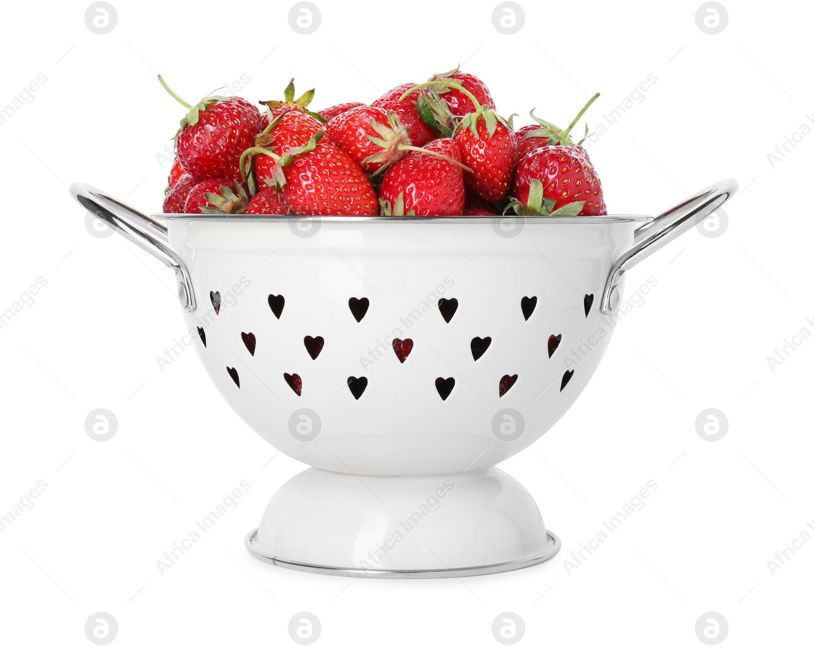 Photo of Colander with fresh strawberries isolated on white