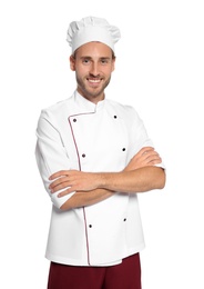 Professional chef wearing uniform on white background