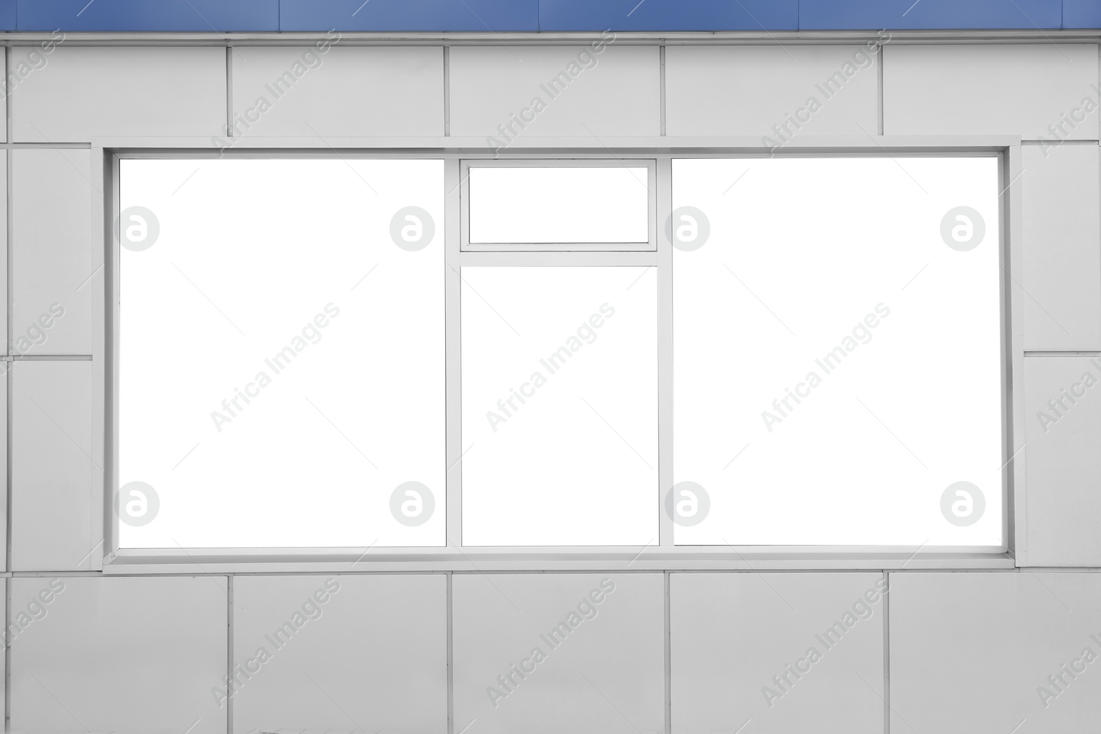 Photo of Blank banners on window outdoors. Advertising board design
