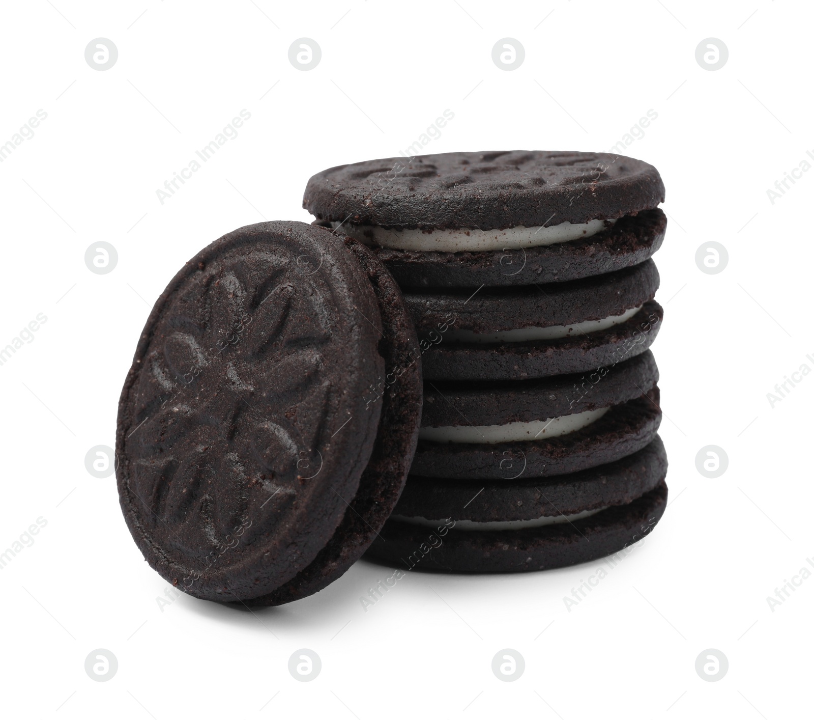 Photo of Stack of tasty sandwich cookies isolated on white