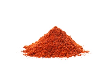 Photo of Heap of chili pepper powder on white background