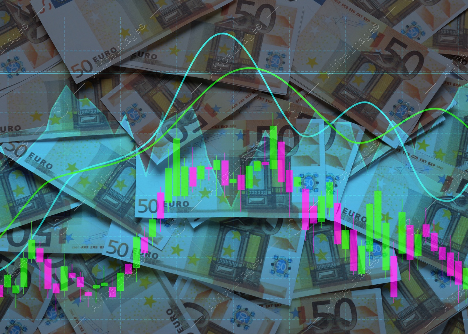 Image of Concept of bonds. Many euro banknotes as background, top view